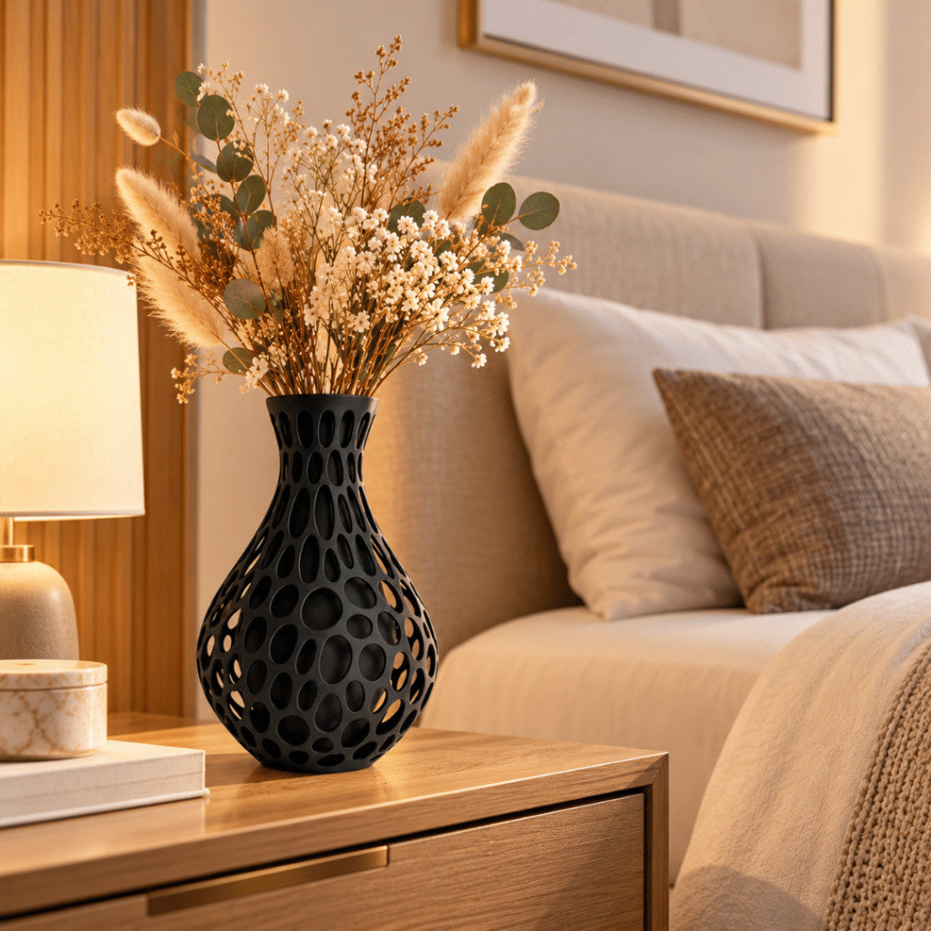 3D Printed Voronoi Vase | Modern Black Decorative Vase | Geometric Hollow Flower Vase | Minimalist Home Décor