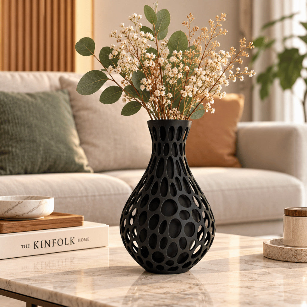 3D Printed Voronoi Vase | Modern Black Decorative Vase | Geometric Hollow Flower Vase | Minimalist Home Décor