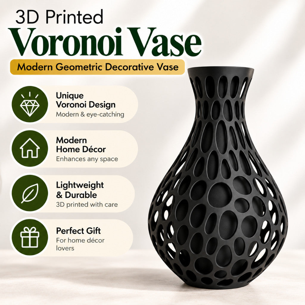 3D Printed Voronoi Vase | Modern Black Decorative Vase | Geometric Hollow Flower Vase | Minimalist Home Décor