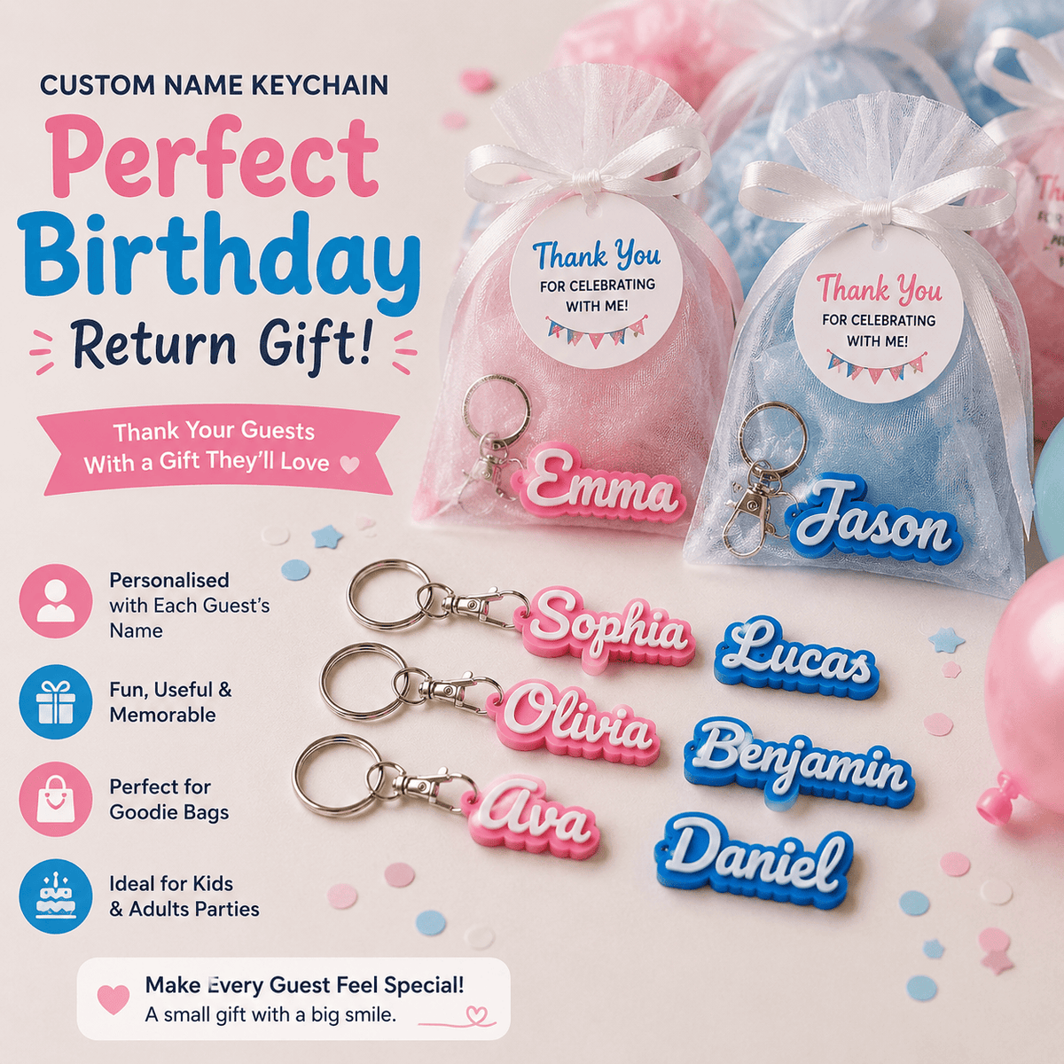 Customizable name keychains and matching gift bags shown on a pastel party-themed background. The image includes several acrylic keychain names in pink and blue, two sheer gift bags with white ribbons and thank-you labels, and marketing text such as 'Perfect Birthday Return Gift!' and example names like Emma, Sophia, Lucas, Olivia, Benjamin, and Daniel.