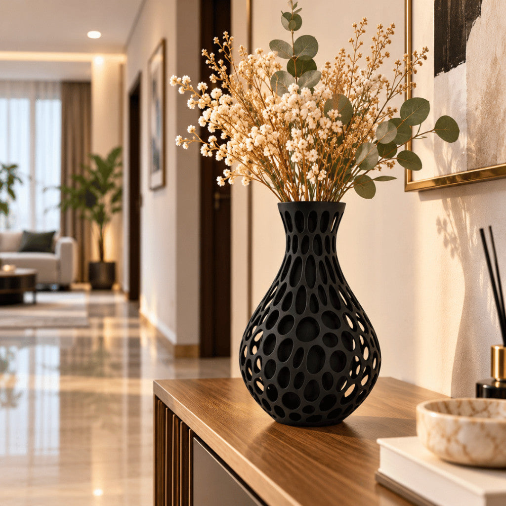 3D Printed Voronoi Vase | Modern Black Decorative Vase | Geometric Hollow Flower Vase | Minimalist Home Décor